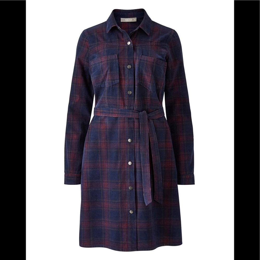 Shirt Dress tie waist in check/plaid corduroy
